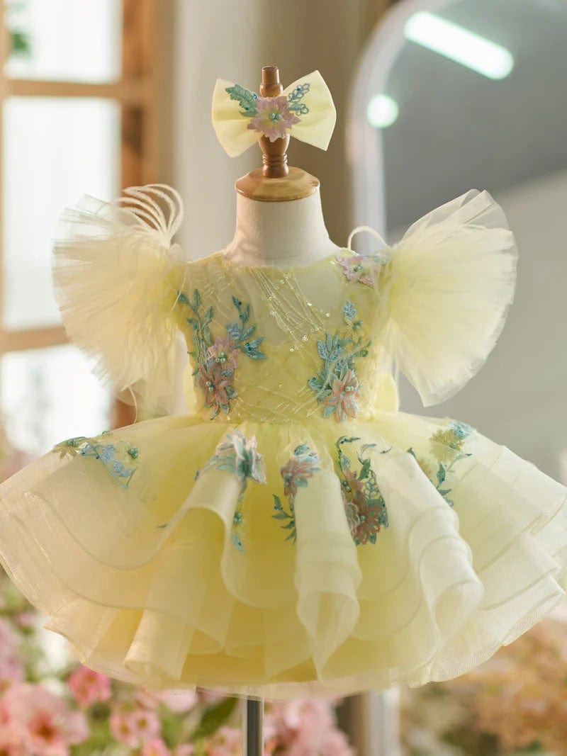3m / Yellow Sunnypetal Yellow Puff Sleeves Floral Embroidery Flower Girl Dresses Birthday Prom Gown