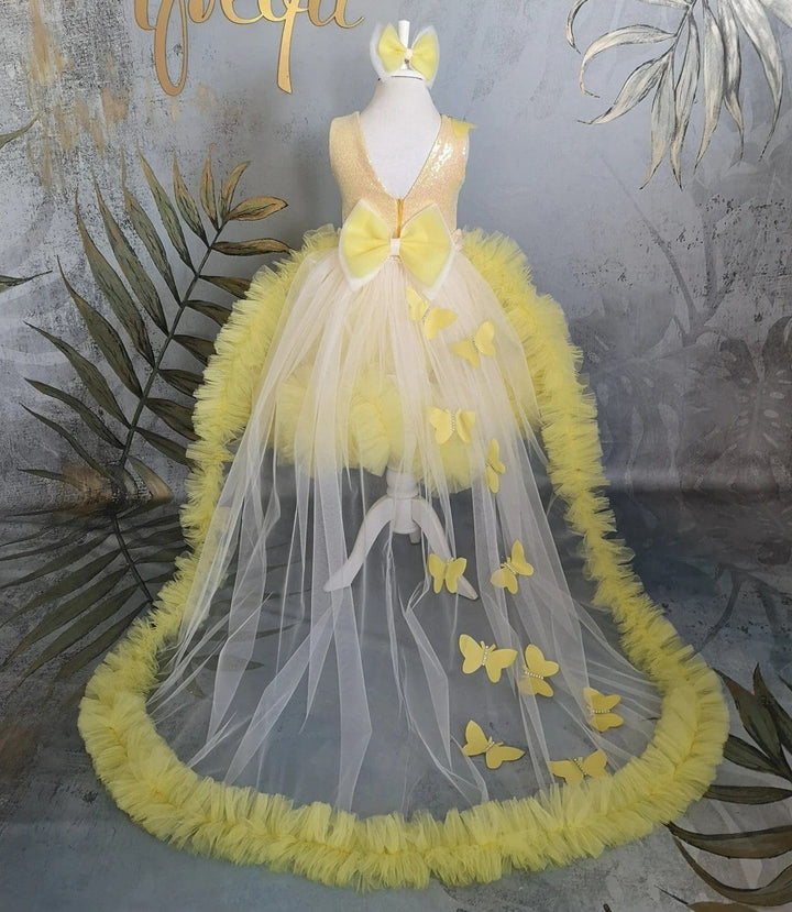 3m / Yellow Sunnypetal Yellow Puff Tulle  Flower Girl Dresses with 3D Butterfly Detachable Train