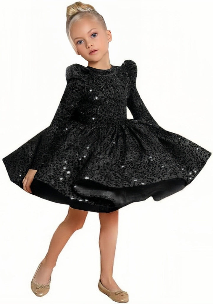 6m / Black Sunnypetal Sparkly Sequin Knee-Length Flower Girl Dress with Long Sleeves & Bow