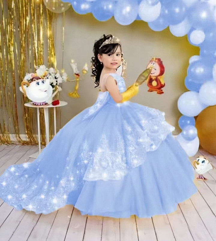 6m / Blue Sunnypetal Gold Appliques Tulle Tiered Flower Girl Dress Toddlers Beaded Lace Pageant Dress