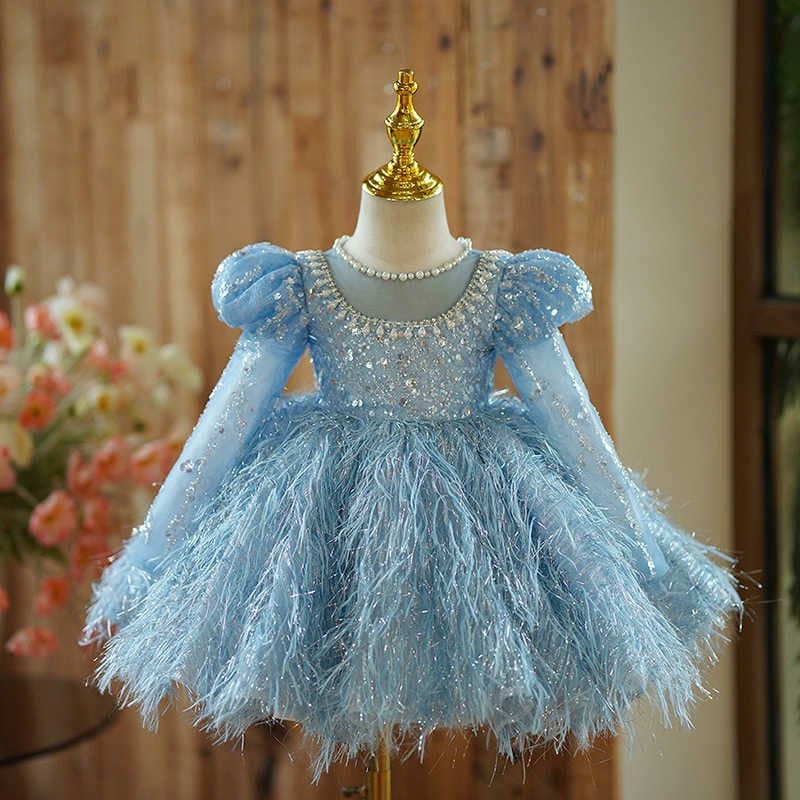 6m / Blue Sunnypetal Long Sleeves Sequin Pearls Feathers Tulle Knee-Length Toddler Birthday Dress