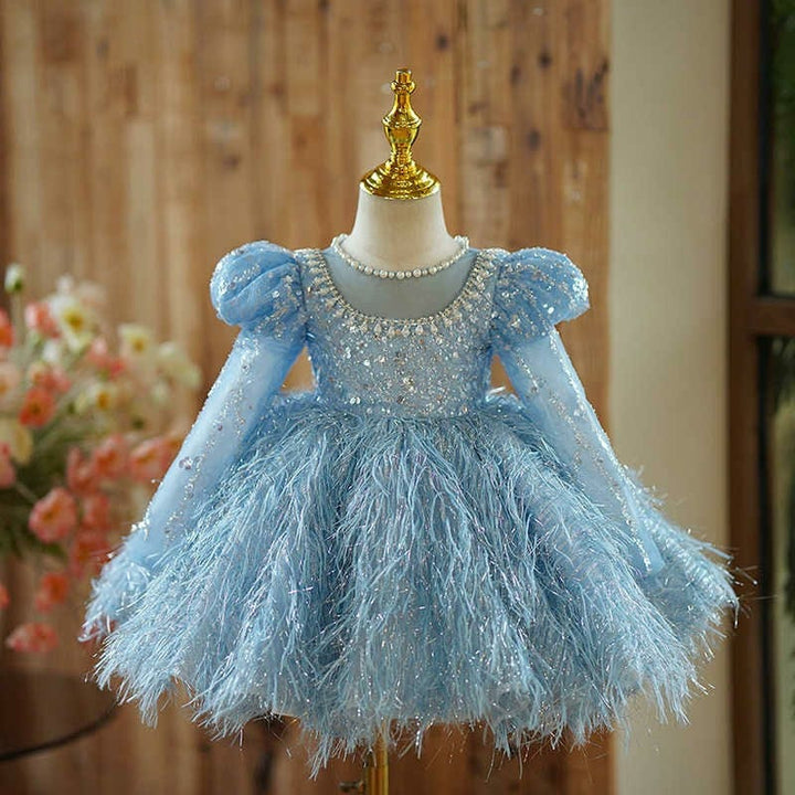 6m / Blue Sunnypetal Long Sleeves Sequin Pearls Feathers Tulle Knee-Length Toddler Birthday Dress