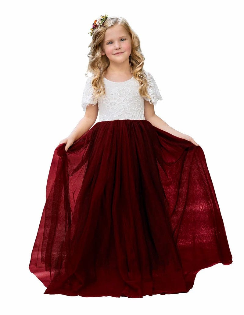 6m / Burgundy Sunnypetal Boho Lace Floor-Length Flower Girl Dresses for Wedding
