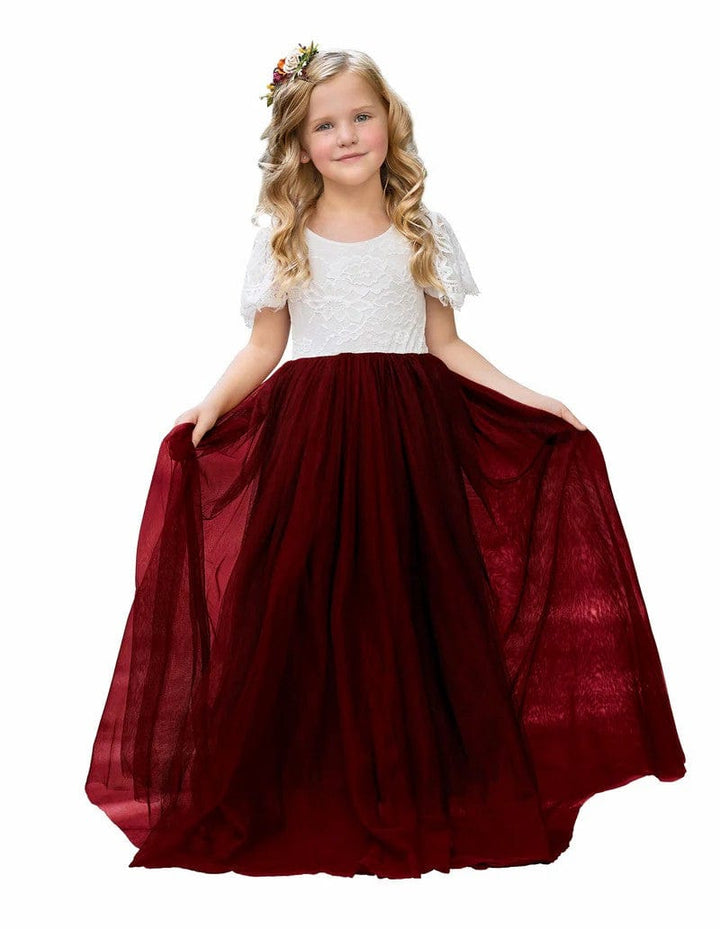 6m / Burgundy Sunnypetal Boho Lace Floor-Length Flower Girl Dresses for Wedding