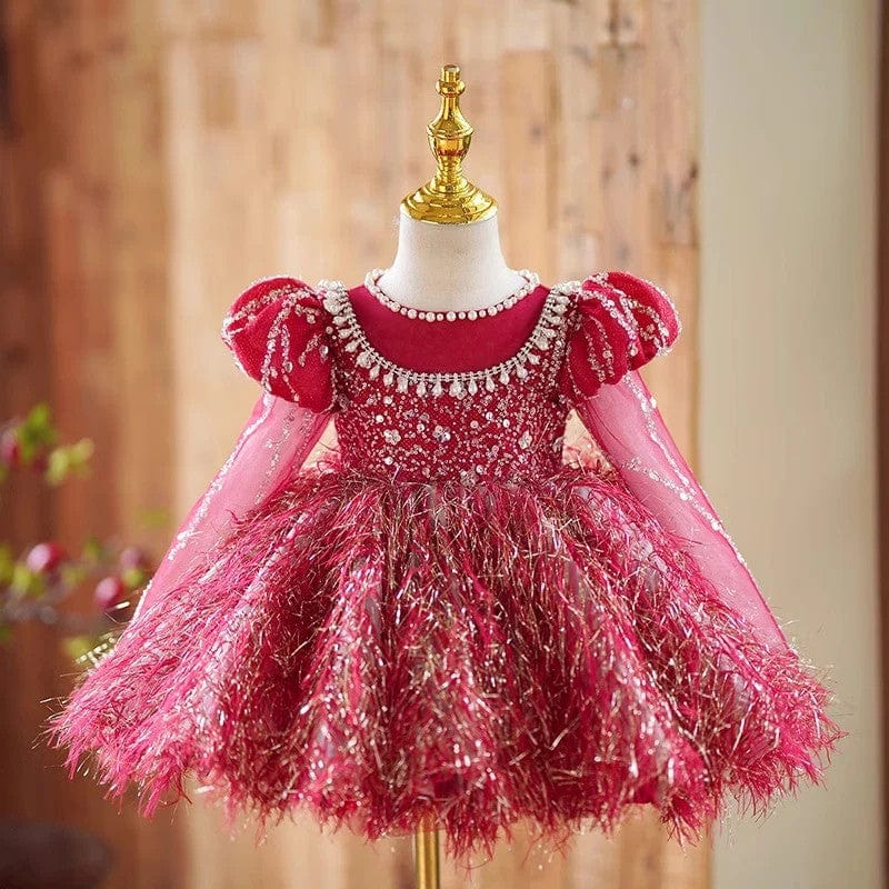 6m / Burgundy Sunnypetal Long Sleeves Sequin Pearls Feathers Tulle Knee-Length Toddler Birthday Dress