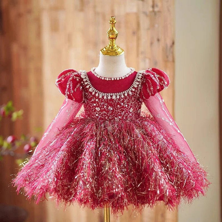6m / Burgundy Sunnypetal Long Sleeves Sequin Pearls Feathers Tulle Knee-Length Toddler Birthday Dress