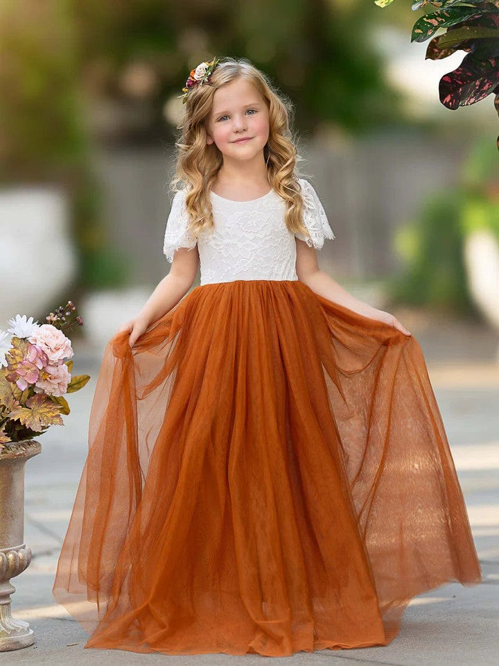 6m / Burnt Orange Sunnypetal Boho Lace Floor-Length Flower Girl Dresses for Wedding