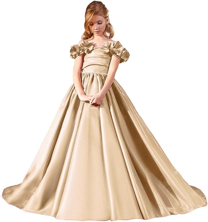 6m / Champagne Sunnypetal Off Shoulder Satin Princess Flower Girl Dress Wedding Pageant Gown for Girls Kids
