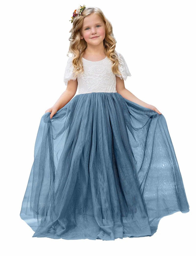 6m / Dusty Blue Sunnypetal Boho Lace Floor-Length Flower Girl Dresses for Wedding