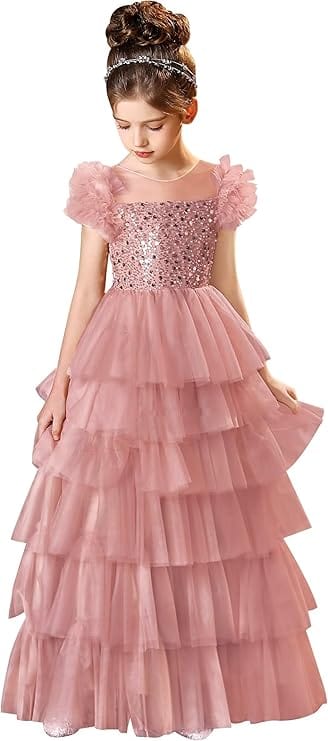 6m / Dusty Rose Sunnypetal A-Line Ruffles Sleeves Sequins Puffy Tulle Flower Girl Dresses Pageant Dress