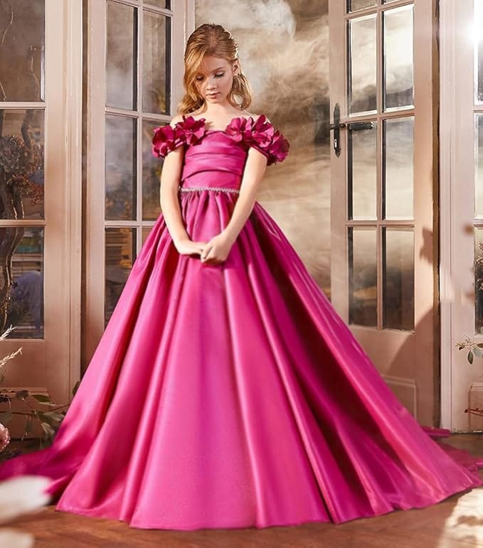 6m / Fuchsia Sunnypetal Off Shoulder Satin Princess Flower Girl Dress Wedding Pageant Gown for Girls Kids