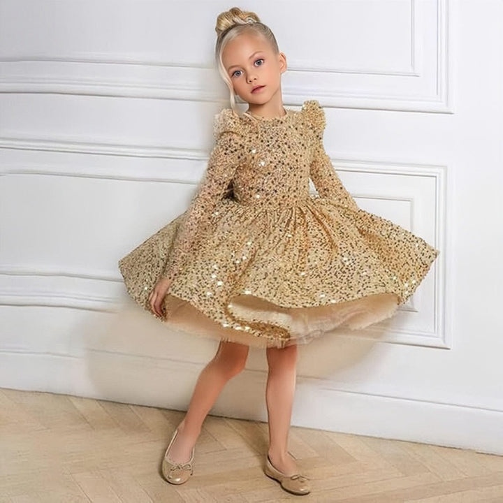 6m / Gold Sunnypetal Sparkly Sequin Knee-Length Flower Girl Dress with Long Sleeves & Bow