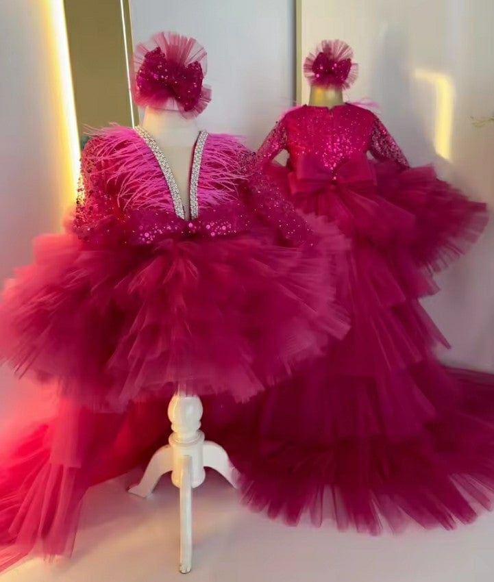 Sunnypetal V-Neck Feather Sequins Pageant Gown Tulle Flower Girl Dress –  sunnypetal