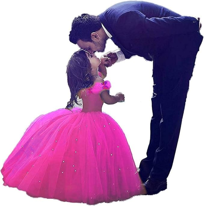 6m / Hot Pink Sunnypetal Off-The-Shoulder Ball Gown Flower Girls Dress Tulle With Beading