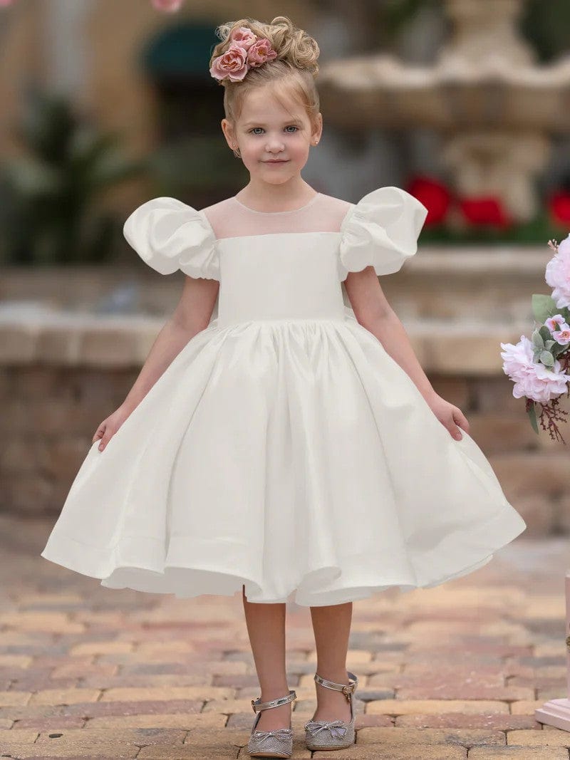 6m / Ivory Sunnypetal Ball-Gown Puff Sleeves Satin Knee-Length Flower Girl Dress with Bow