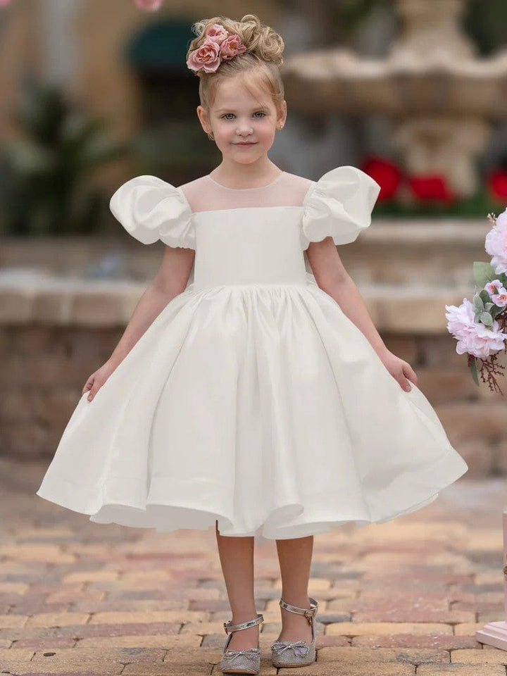 6m / Ivory Sunnypetal Ball-Gown Puff Sleeves Satin Knee-Length Flower Girl Dress with Bow