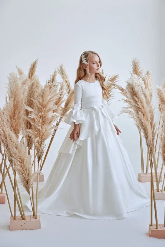 classic communion dresses Sunnypetal Classic Satin Flower Girl Dresses Appliques Bow Communion Dress  with Peplum