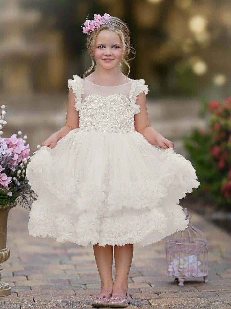6m / Ivory Sunnypetal Pink Playful Ruffled Sleeves Princess Tulle Knee-Length Dress Birthday Pageant Baby Girl Dress