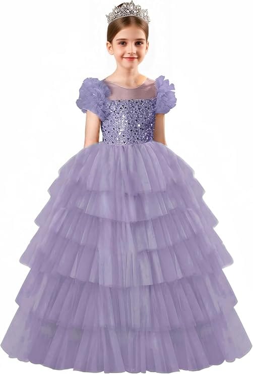 6m / Lavender Sunnypetal A-Line Ruffles Sleeves Sequins Puffy Tulle Flower Girl Dresses Pageant Dress
