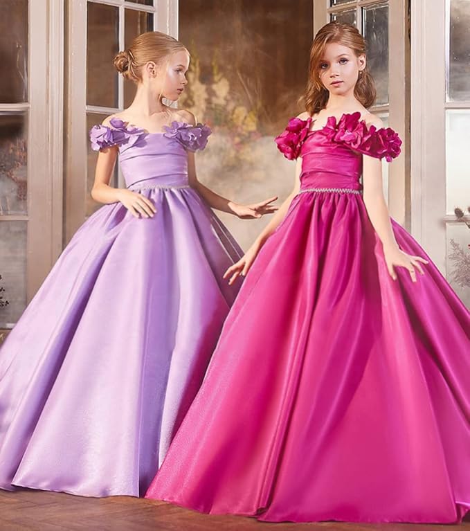 6m / Lavender Sunnypetal Off Shoulder Satin Princess Flower Girl Dress Wedding Pageant Gown for Girls Kids