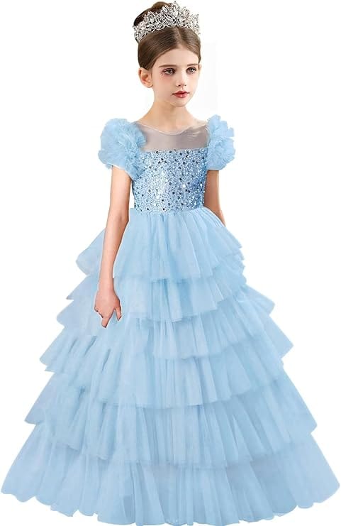 6m / Light Blue Sunnypetal A-Line Ruffles Sleeves Sequins Puffy Tulle Flower Girl Dresses Pageant Dress