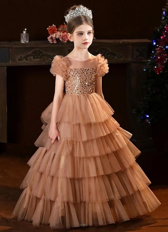 6m / Picture color Sunnypetal A-Line Ruffles Sleeves Sequins Puffy Tulle Flower Girl Dresses Pageant Dress