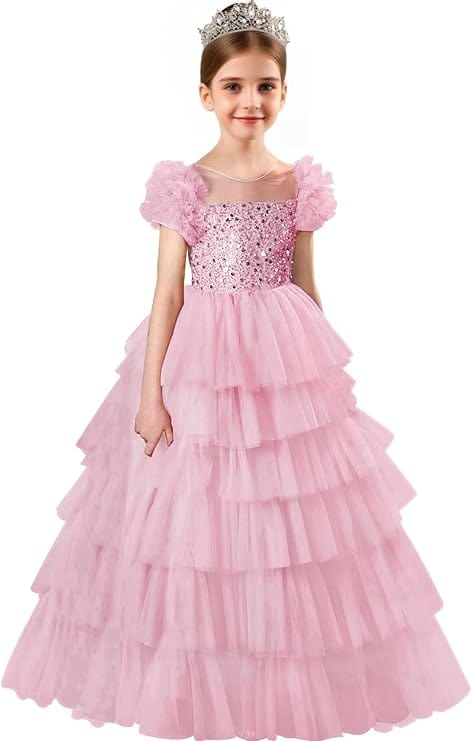 6m / Pink Sunnypetal A-Line Ruffles Sleeves Sequins Puffy Tulle Flower Girl Dresses Pageant Dress