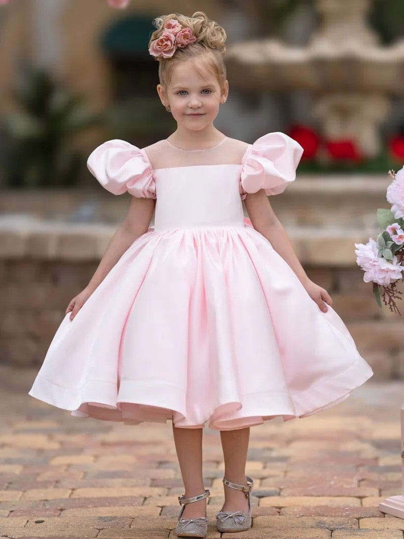 6m / Pink Sunnypetal Ball-Gown Puff Sleeves Satin Knee-Length Flower Girl Dress with Bow