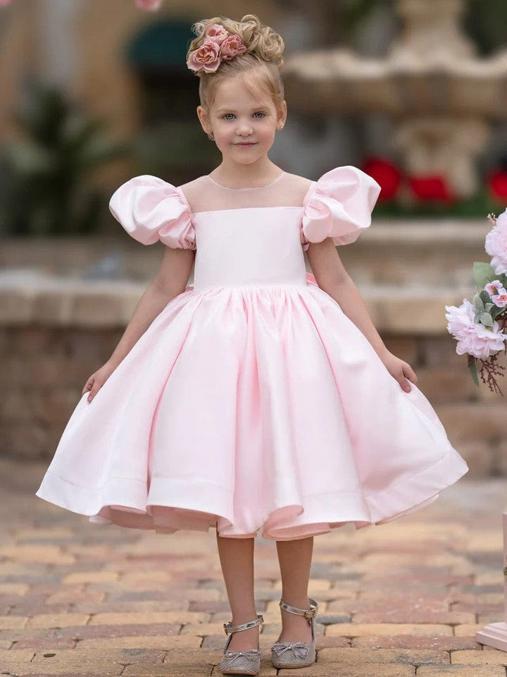 6m / Pink Sunnypetal Ball-Gown Puff Sleeves Satin Knee-Length Flower Girl Dress with Bow