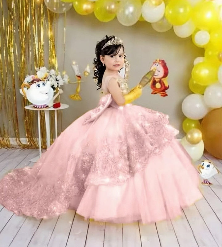 6m / Pink Sunnypetal Gold Appliques Tulle Tiered Flower Girl Dress Toddlers Beaded Lace Pageant Dress