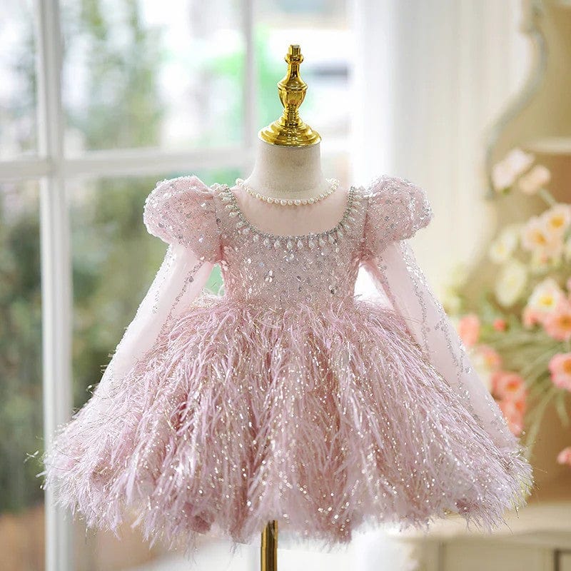 6m / Pink Sunnypetal Long Sleeves Sequin Pearls Feathers Tulle Knee-Length Toddler Birthday Dress
