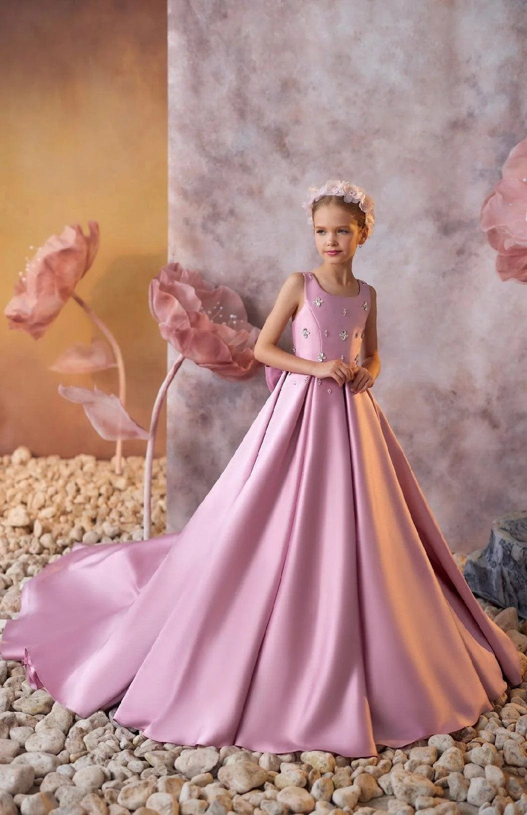 6m / Pink Sunnypetal Luxurious Satin Sleeveless Square Neck Long Princess Flower Girl Dresses with Bow