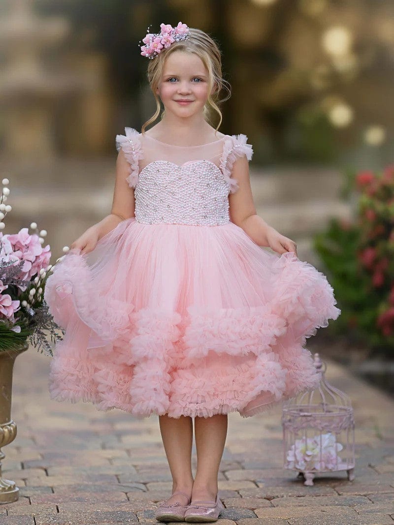 6m / Pink Sunnypetal Pink Playful Ruffled Sleeves Princess Tulle Knee-Length Dress Birthday Pageant Baby Girl Dress