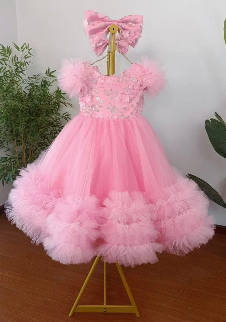 6m / Pink Sunnypetal Yellow Lace 3D Butterflys Sequins Flower Girl Dress Pageant Party Gown with Bow