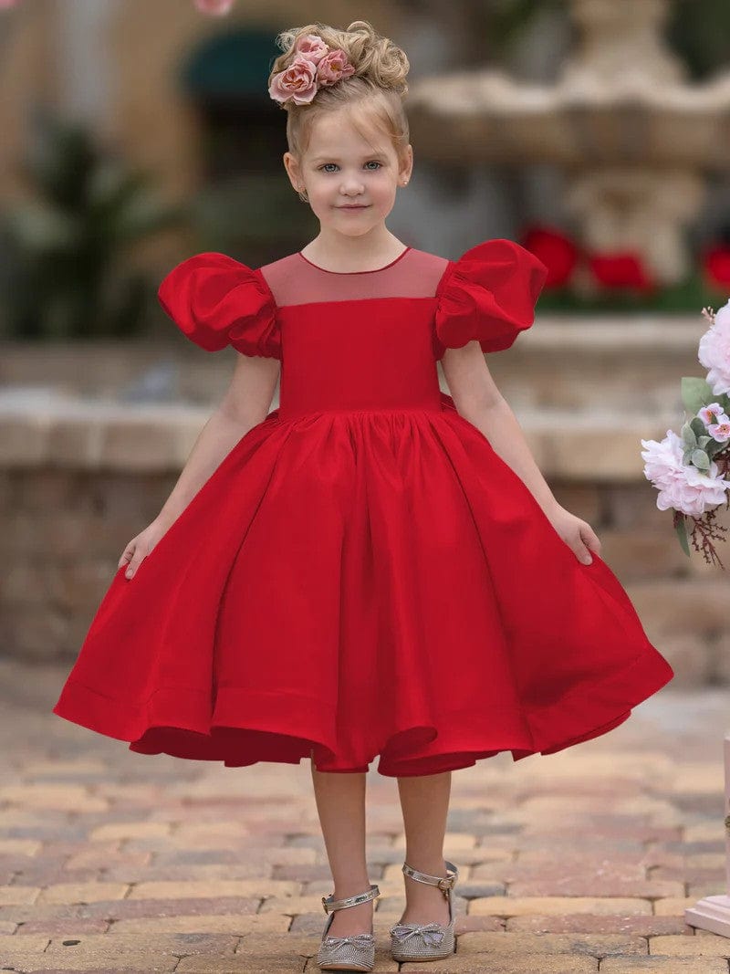 6m / Red Sunnypetal Ball-Gown Puff Sleeves Satin Knee-Length Flower Girl Dress with Bow