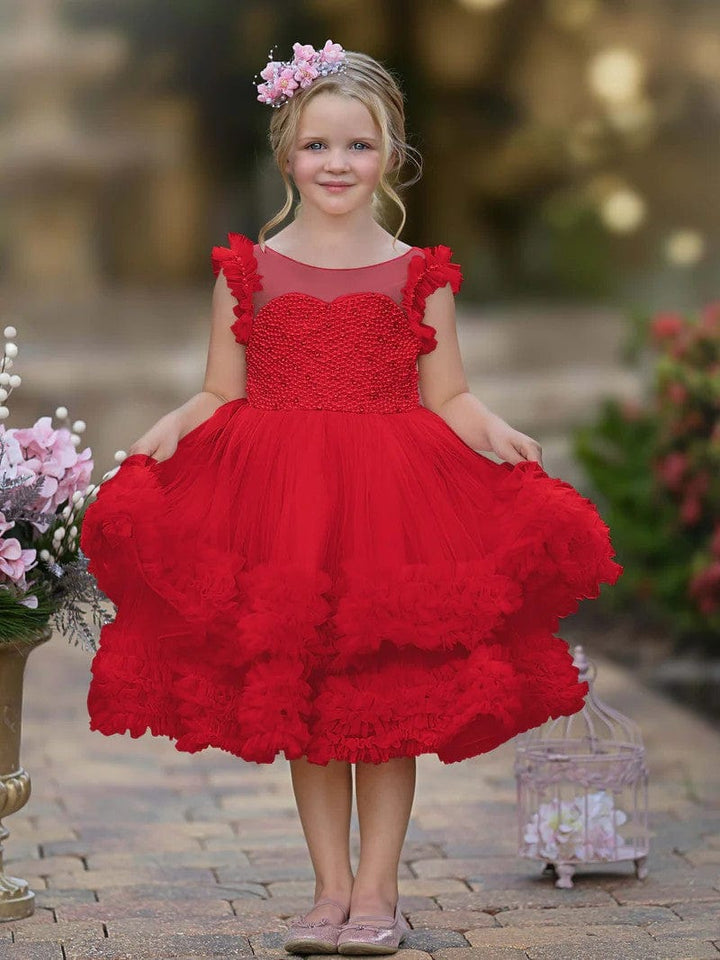 6m / Red Sunnypetal Pink Playful Ruffled Sleeves Princess Tulle Knee-Length Dress Birthday Pageant Baby Girl Dress