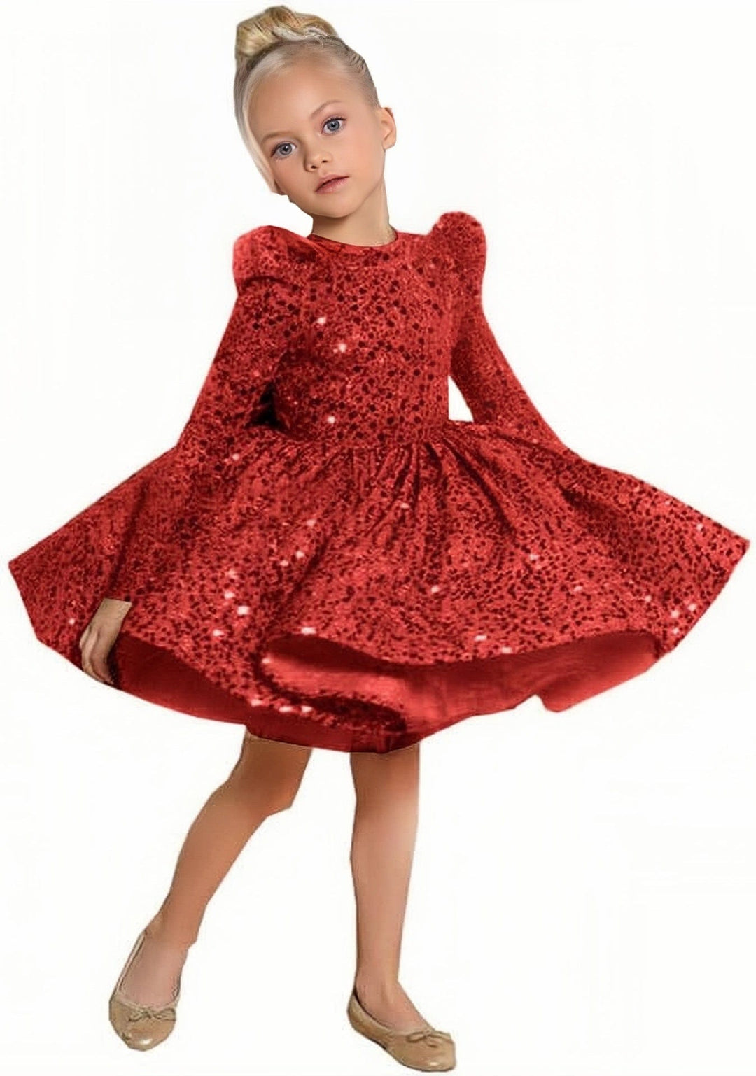 6m / Red Sunnypetal Sparkly Sequin Knee-Length Flower Girl Dress with Long Sleeves & Bow