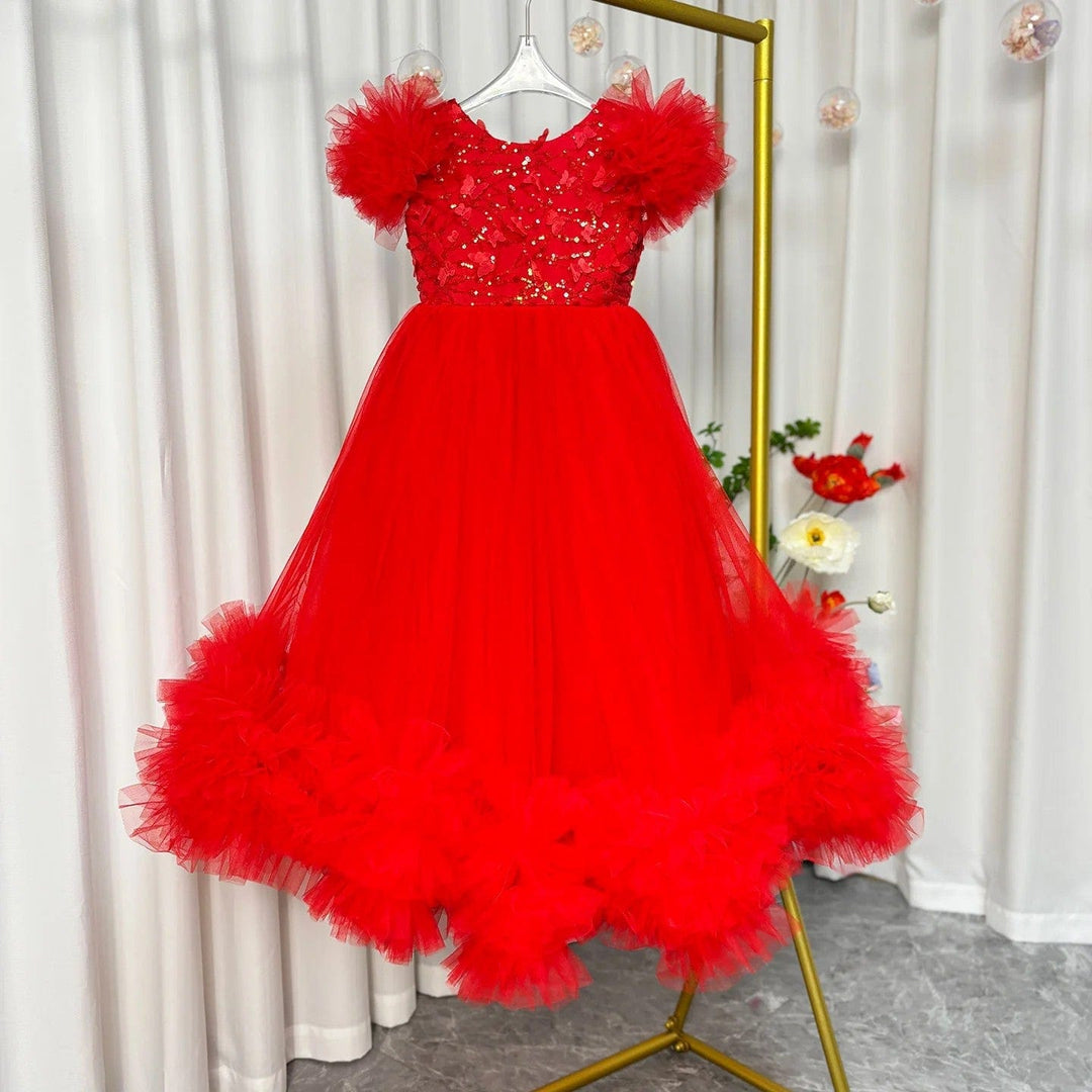 6m / Red Sunnypetal Yellow Lace 3D Butterflys Sequins Flower Girl Dress Pageant Party Gown with Bow