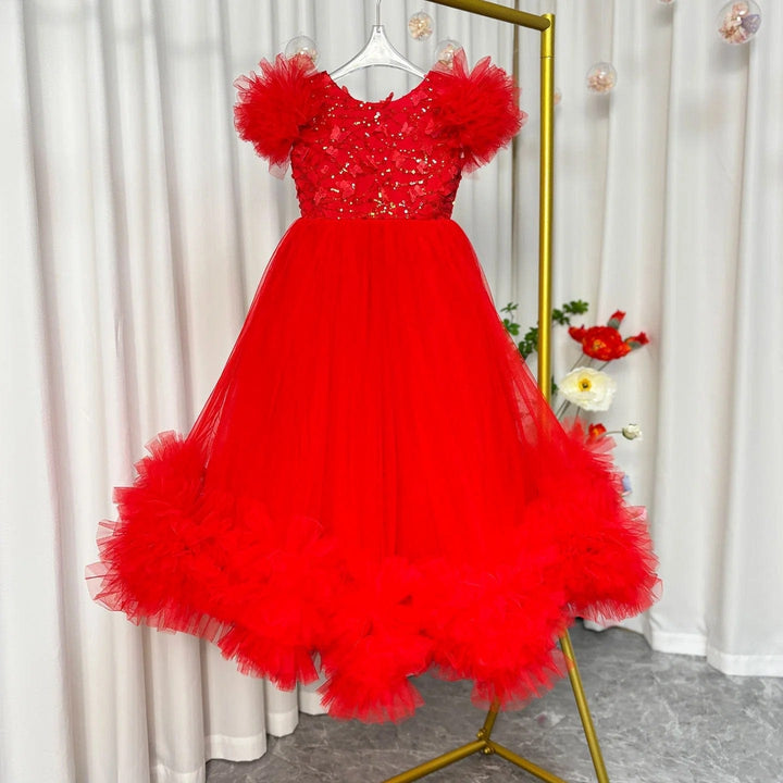 6m / Red Sunnypetal Yellow Lace 3D Butterflys Sequins Flower Girl Dress Pageant Party Gown with Bow