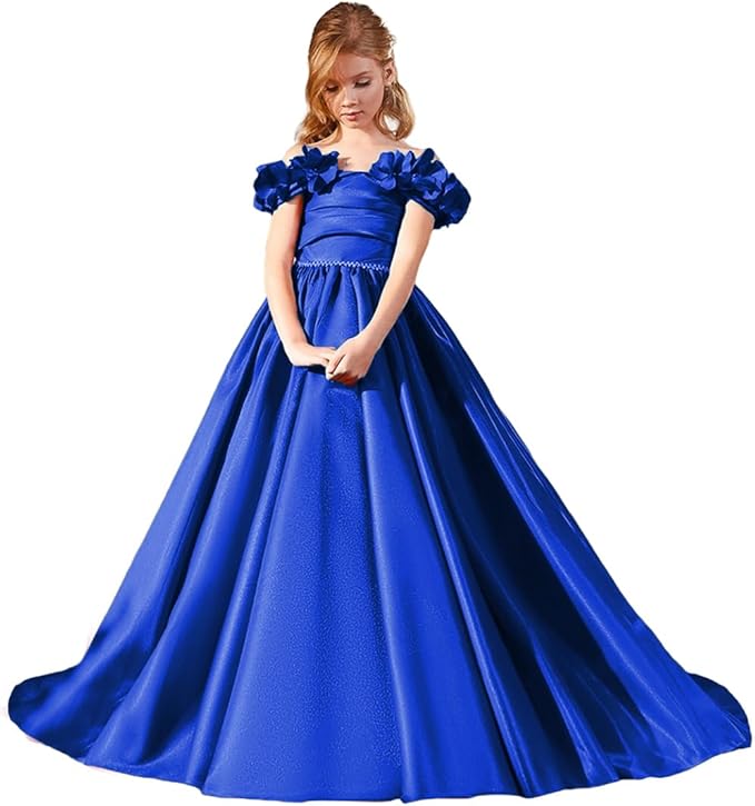 6m / Royal Blue Sunnypetal Off Shoulder Satin Princess Flower Girl Dress Wedding Pageant Gown for Girls Kids