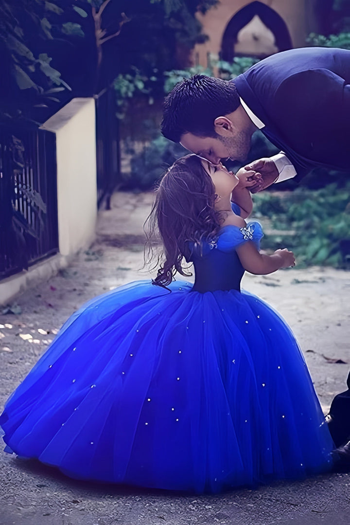6m / Royal Blue Sunnypetal Off-The-Shoulder Ball Gown Flower Girls Dress Tulle With Beading