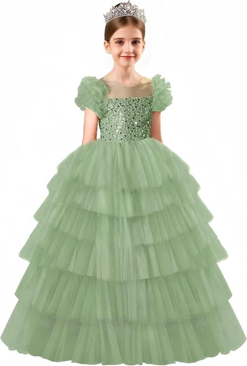 6m / Sage Green Sunnypetal A-Line Ruffles Sleeves Sequins Puffy Tulle Flower Girl Dresses Pageant Dress