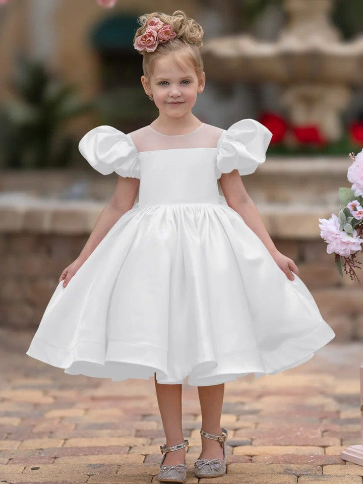 6m / White Sunnypetal Ball-Gown Puff Sleeves Satin Knee-Length Flower Girl Dress with Bow