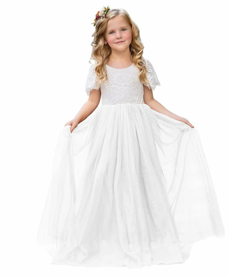 6m / White Sunnypetal Boho Lace Floor-Length Flower Girl Dresses for Wedding