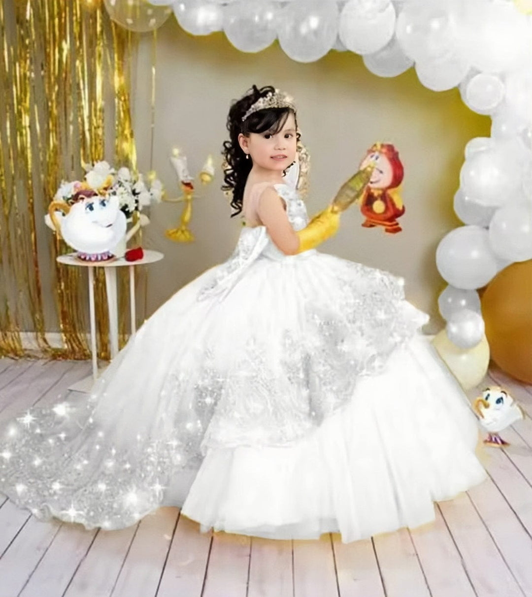 6m / White Sunnypetal Gold Appliques Tulle Tiered Flower Girl Dress Toddlers Beaded Lace Pageant Dress