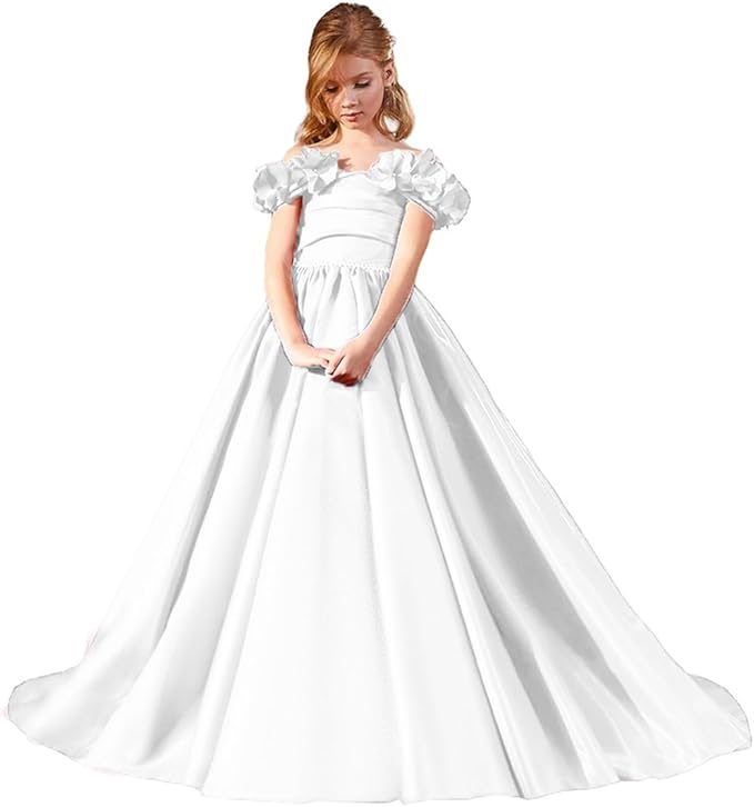 6m / White Sunnypetal Off Shoulder Satin Princess Flower Girl Dress Wedding Pageant Gown for Girls Kids