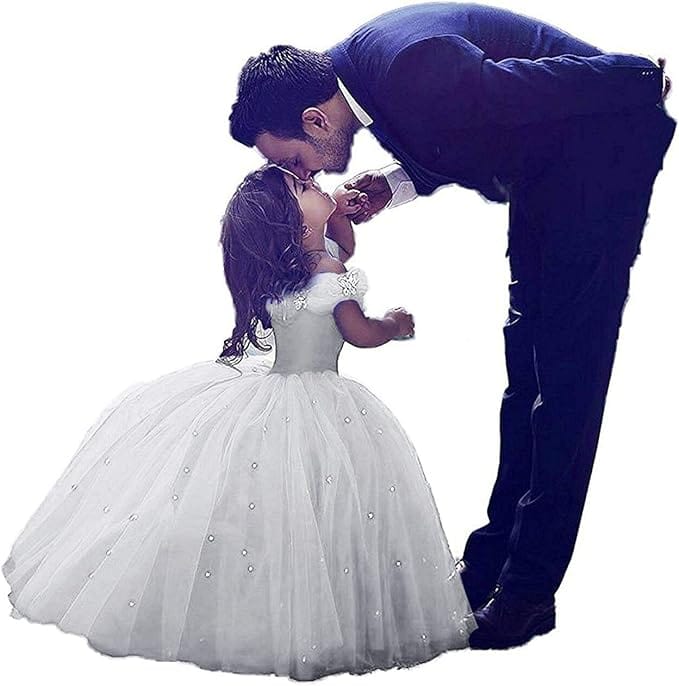 6m / White Sunnypetal Off-The-Shoulder Ball Gown Flower Girls Dress Tulle With Beading