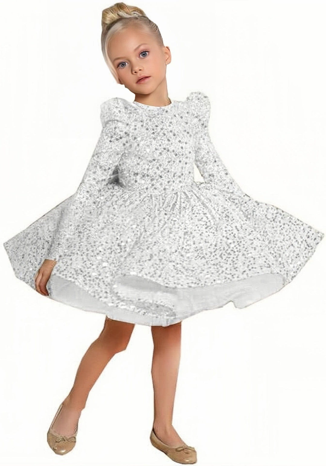 6m / White Sunnypetal Sparkly Sequin Knee-Length Flower Girl Dress with Long Sleeves & Bow