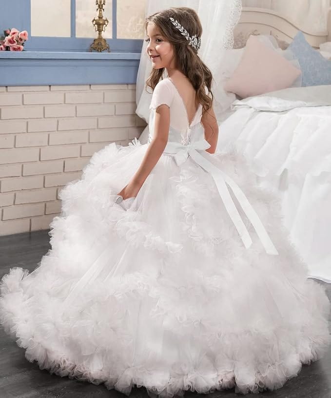 6m / White Sunnypetal V Back Scoop Neck Ruffled Waterfall Floor-Length Flower Girl Dress