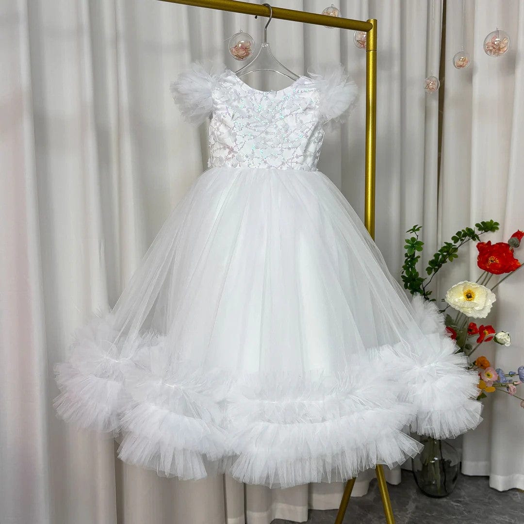 6m / White Sunnypetal Yellow Lace 3D Butterflys Sequins Flower Girl Dress Pageant Party Gown with Bow